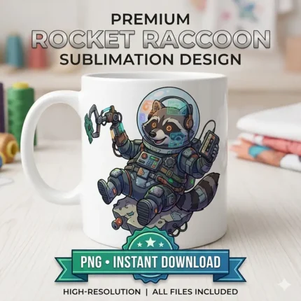 Diseño PNG de Rocket Raccoon Astronauta para Sublimación y DTF