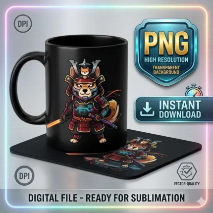 Diseño PNG de Shiba Inu Samurai Cyberpunk para Sublimación y DTF