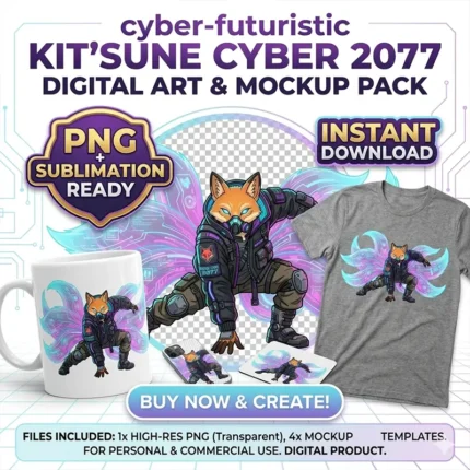 Diseño PNG de Zorro Kitsune Cyberpunk para Sublimación y DTF