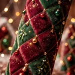 Detalle de tumbler sublimado con textura de terciopelo rojo y verde, costuras doradas, cascabeles, esferas y ramitas de muérdago con perlas