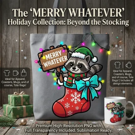Diseño PNG Navideño Mapache Merry Whatever para Sublimación y DTF