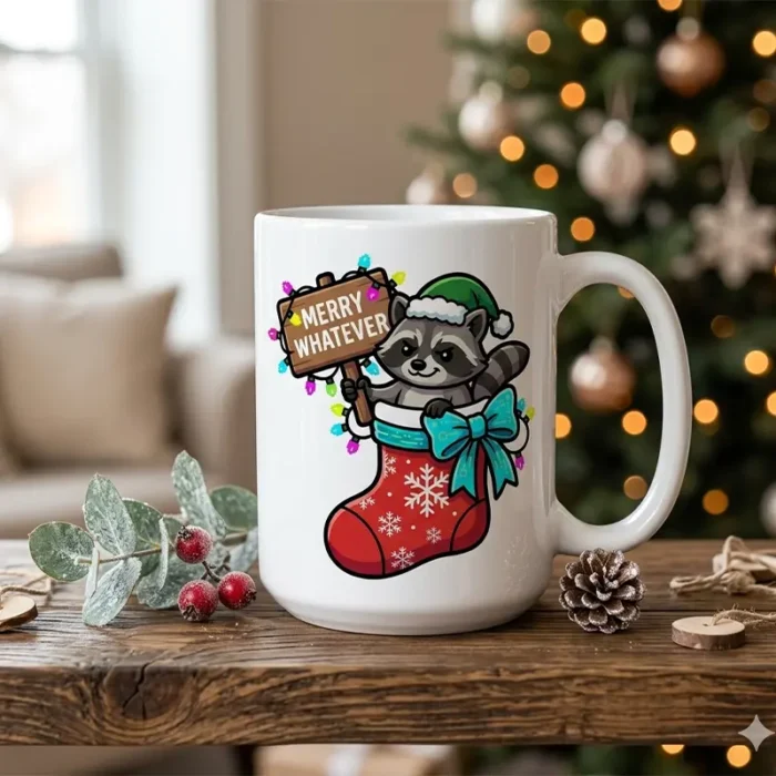 Diseño PNG Navideño Mapache Merry Whatever para Sublimación y DTF