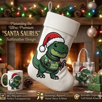 Diseño PNG Navideño Santa Saurus para Sublimación y DTF