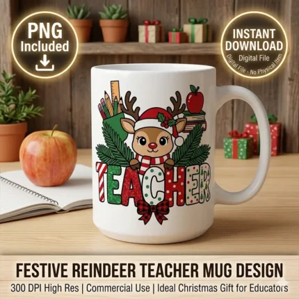 Diseño PNG Navideño de Reno para Profesores (Teacher) para Sublimación y DTF