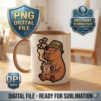 Diseño PNG de Capibara Aesthetic con Café para Sublimación y DTF