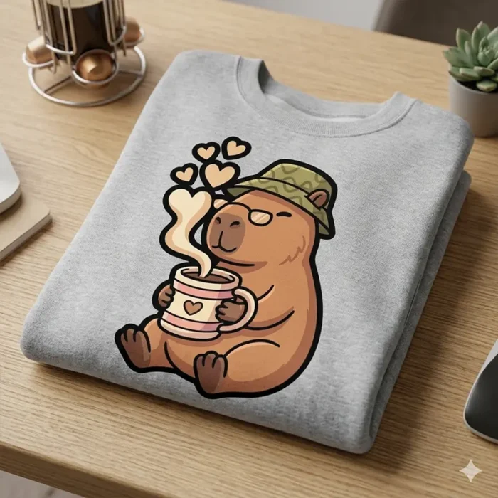 Diseño PNG de Capibara Aesthetic con Café para Sublimación y DTF