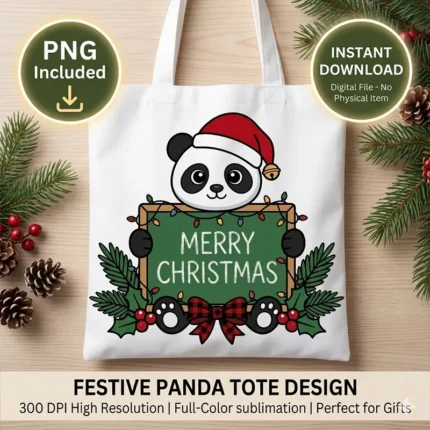 Diseño PNG de Oso Panda Navideño Merry Christmas para Sublimación y DTF