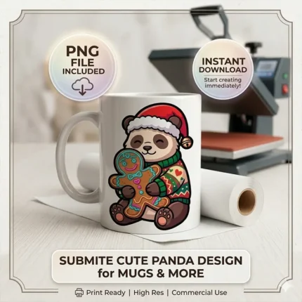 Diseño PNG de Oso Panda Navideño con Galleta de Jengibre para Sublimación y DTF