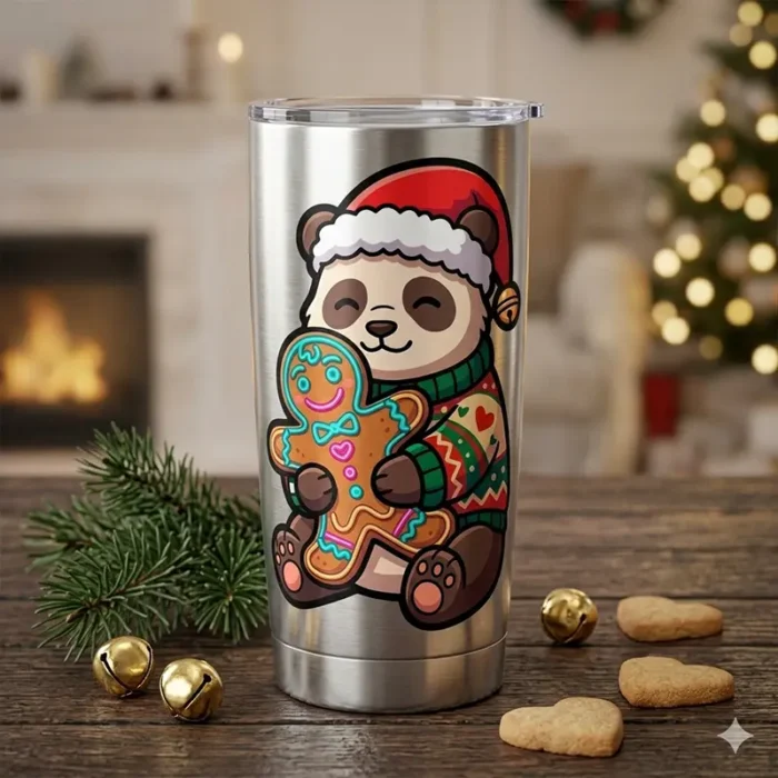 Diseño PNG de Oso Panda Navideño con Galleta de Jengibre para Sublimación y DTF