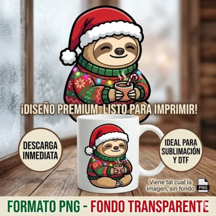 Diseño PNG de Perezoso Navideño Ugly Sweater para Sublimación y DTF