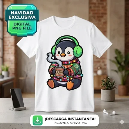 Diseño PNG de Pingüino Navideño Chill para Sublimación y DTF