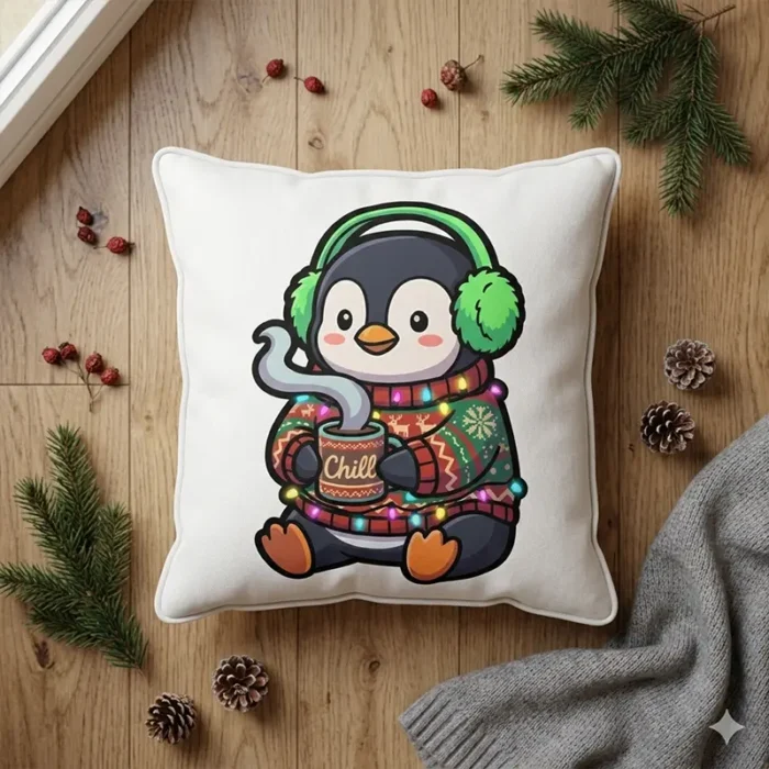 Diseño PNG de Pingüino Navideño Chill para Sublimación y DTF