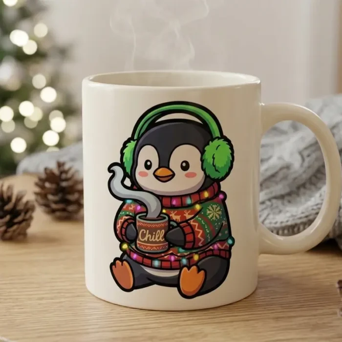 Diseño PNG de Pingüino Navideño Chill para Sublimación y DTF