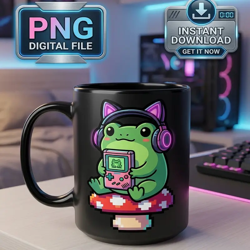 Diseño PNG de Ranita Gamer con Consola Retro para Sublimación y DTF Diseño PNG de Ranita Gamer con Consola Retro para Sublimación y DTF