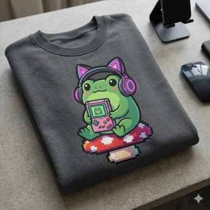 Diseño PNG de Ranita Gamer con Consola Retro para Sublimación y DTF
