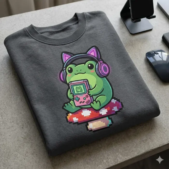 Diseño PNG de Ranita Gamer con Consola Retro para Sublimación y DTF