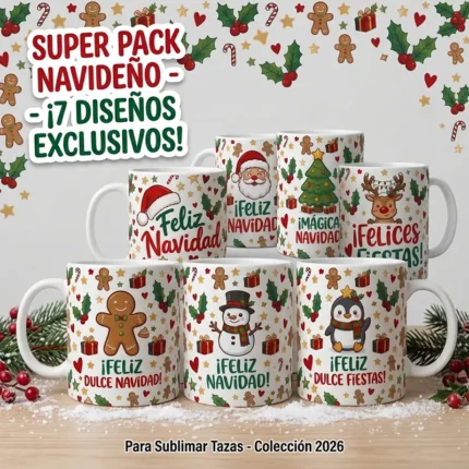 Pack 7 Plantillas Navideñas para Tazas – Papá Noel, Reno, Muñeco de Nieve y Más para Sublimar