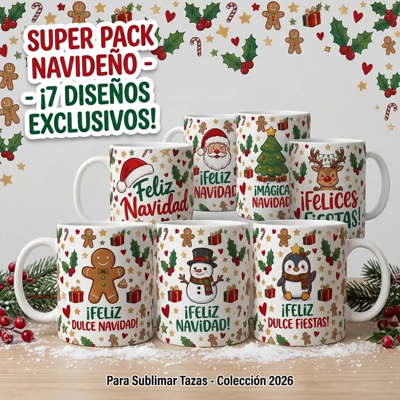 Pack 7 Plantillas Navideñas para Tazas – Papá Noel, Reno, Muñeco de Nieve y Más para Sublimar Pack 7 Plantillas Navideñas para Tazas – Papá Noel, Reno, Muñeco de Nieve y Más para Sublimar - Imagen 1