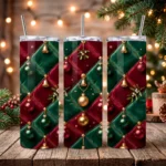 Tres tumblers skinny de 20 oz sublimados con diseño navideño de terciopelo acolchado rojo y verde, esferas, cascabeles dorados y muérdago