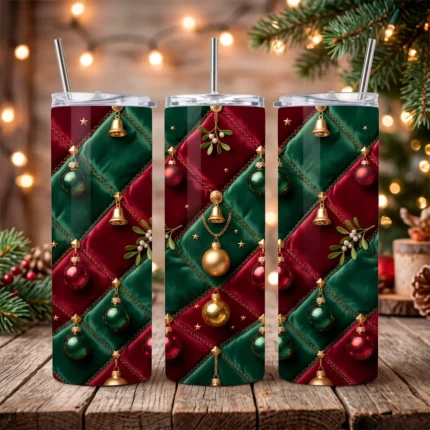 Tres tumblers skinny de 20 oz sublimados con diseño navideño de terciopelo acolchado rojo y verde, esferas, cascabeles dorados y muérdago