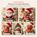 Primer plano de los personajes navideños con textura de crochet realista, copos dorados y hojas de acebo bordadas