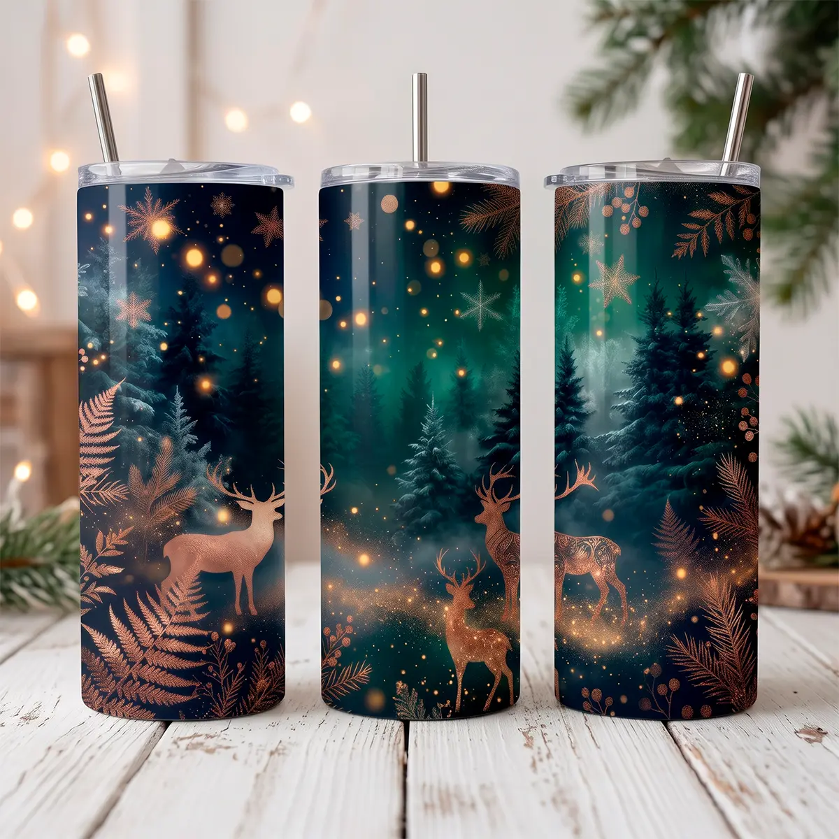 diseno-digital-tumbler-navideno-renos-20oz Diseño digital navideño de 20 oz con renos dorados, bosque nevado y luces brillantes para sublimación de vasos tumbler rectos.