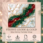 Diseño PNG 300 DPI para tumbler skinny de 20 oz con mármol navideño verde, rojo y dorado