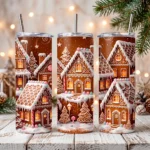Tres tumblers skinny de 20 oz sublimados con casitas de jengibre navideñas, luces cálidas y ramas de pino de fondo