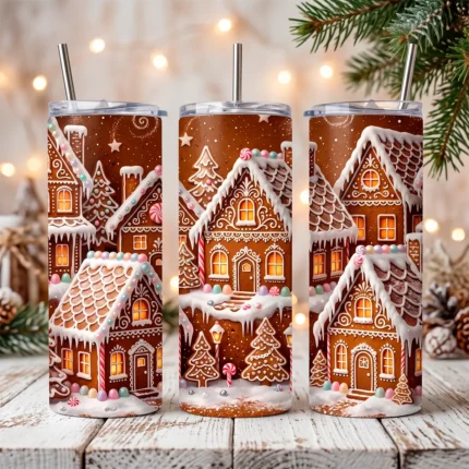 Tres tumblers skinny de 20 oz sublimados con casitas de jengibre navideñas, luces cálidas y ramas de pino de fondo