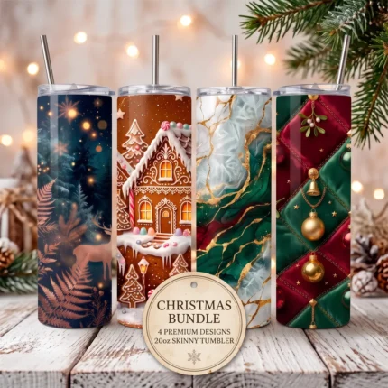 Pack de 4 plantillas navideñas para tumbler skinny de 20 oz: bosque con renos, casitas de jengibre, mármol verde y rojo y terciopelo acolchado