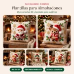 Pack de 5 plantillas para almohadones navideños con efecto crochet 3D: Papá Noel, reno, vaca highland, muñeco de nieve y hombre de jengibre