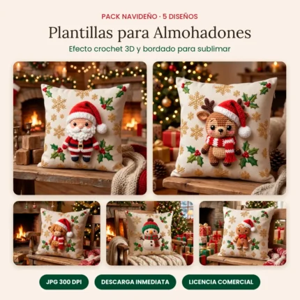 Pack de 5 plantillas para almohadones navideños con efecto crochet 3D: Papá Noel, reno, vaca highland, muñeco de nieve y hombre de jengibre