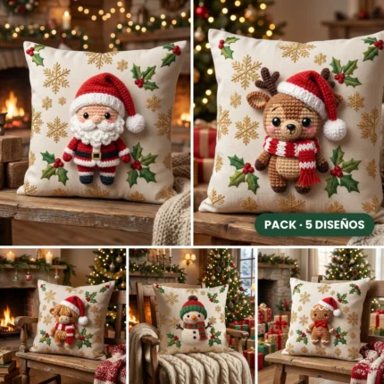 Pack de 5 plantillas para almohadones navideños con efecto crochet 3D: Papá Noel, reno, vaca highland, muñeco de nieve y hombre de jengibre