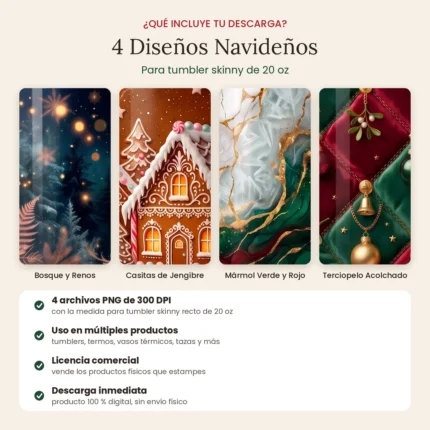 Contenido del pack: 4 diseños navideños en PNG de 300 DPI para tumbler de 20 oz, listos para sublimar en tumblers, termos, tazas y más