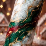 Detalle de tumbler sublimado con efecto mármol verde, rojo y dorado y textura de escarcha